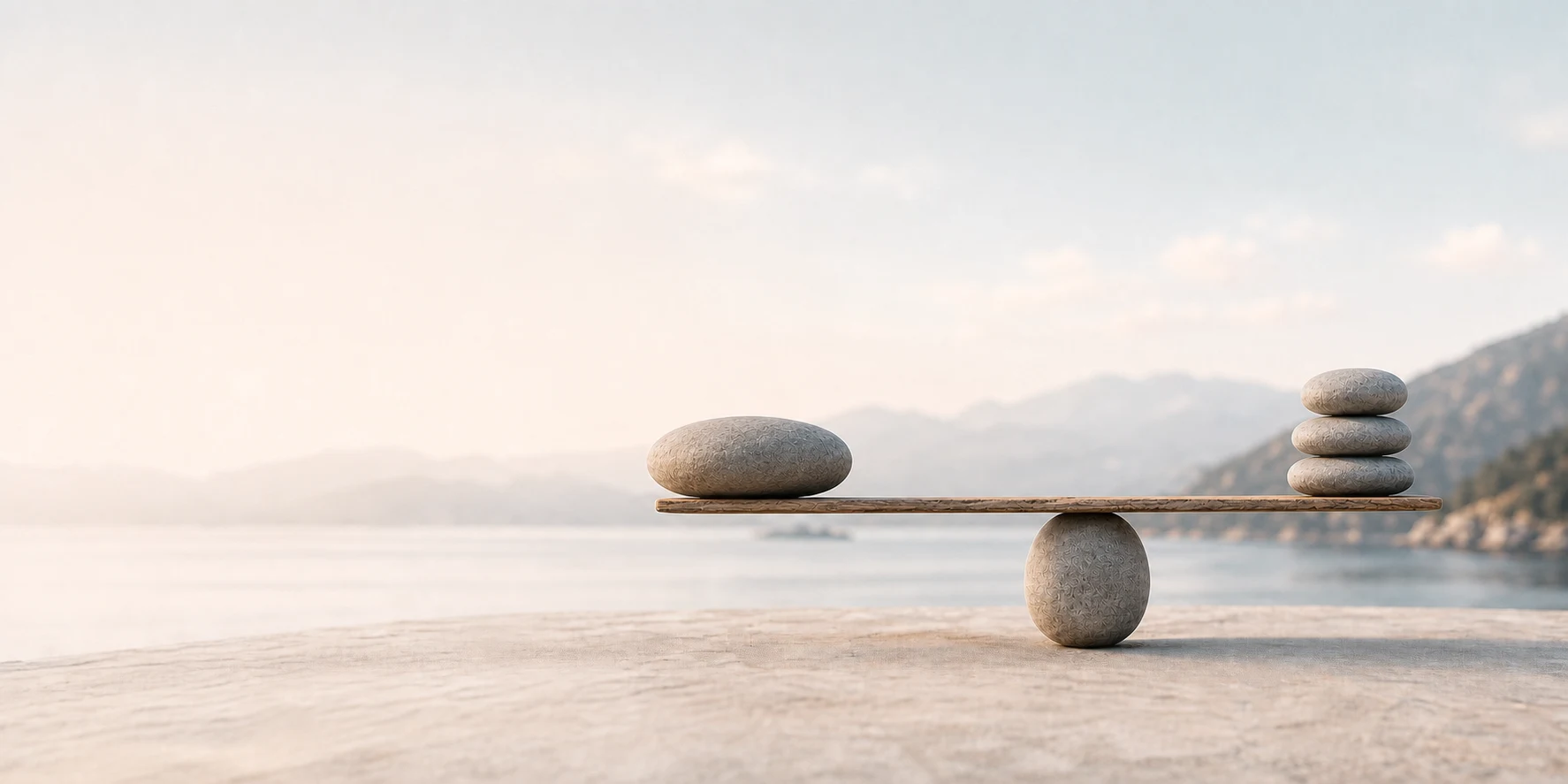 A level wooden beam with one heavy river stone on a long lever arm and three smaller stones close to the fulcrum